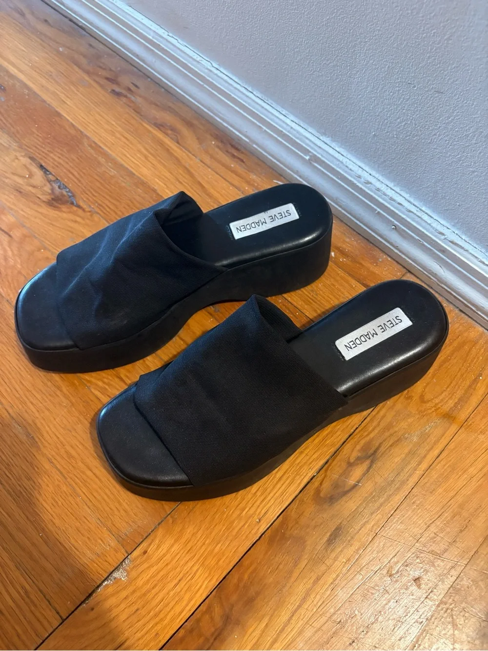 Steve Madden Black Fabric Platform Slide Sandals